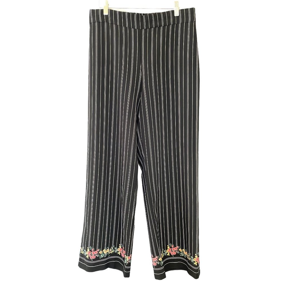 Roz & Ali Womens 10 Pull On Pants Striped Floral Accent Wide Leg Comfort Casual